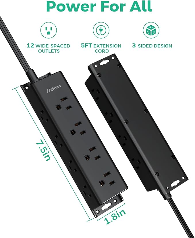 Surge Protector Power Strip - Widely Spaced Multi Outlets, Wall Mount, 3 Side Outlet Extender with Extension Cord, Flat Plug, Overload Protection, Home Office Dorm Room Essentials (5FT, Black)