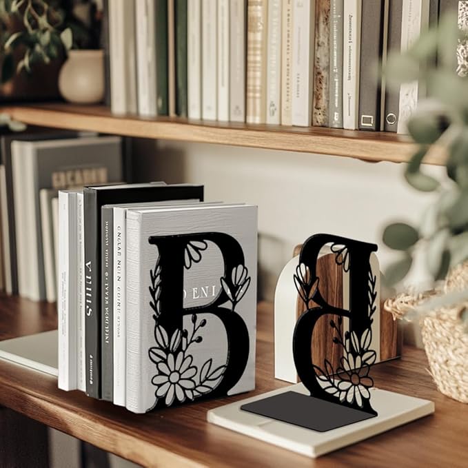 Peacoblue Metal Bookends for Shelves, Modern Decorative Heavy Duty Study Book Ends Stoppers for Office, Desk, Shelf, Room 5.3"x4.3"x7.1" Cast Iron Simple Tall Bookends 1 Pair (Letter B with Flower)