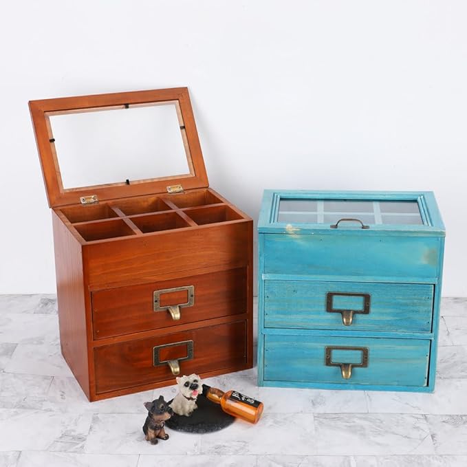 Wooden Storage Box Desk Organizer with 2 Drawers and 6 Grids Apothecary Drawers Small Craft Storage Containers Jewelry Holder for Women (Glass Brown02)