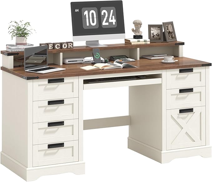 60" Farmhouse Executive Desk with 8 Drawers, Wood Computer Desk with Keyboard Tray and Charging Station, Home Office Desk Writing with File Drawer Fits A4 Size for Work and Study, White and Brown