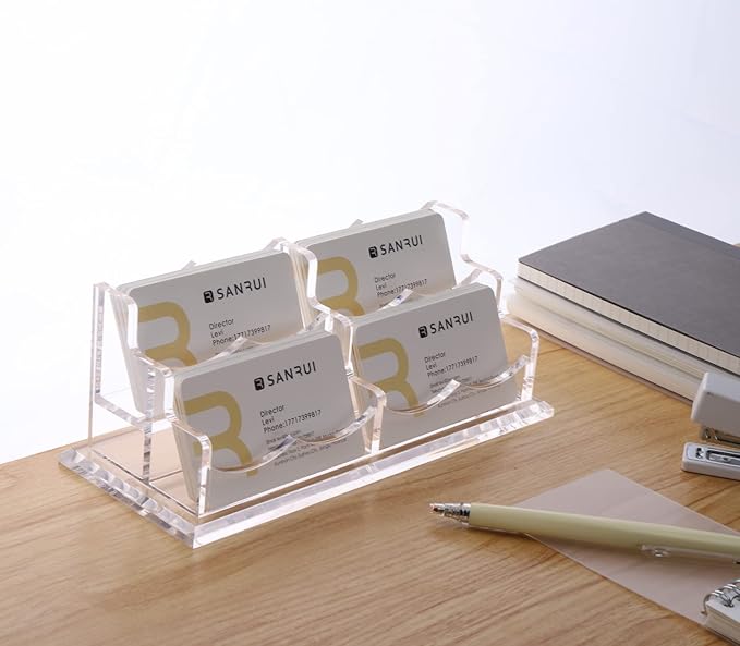 SANRUI Acrylic Business Card Holder for Desk, Horizontal Clear Name Card Display Stand Desktop Display Stand for Business Cards, Business Card Organizer, Perfect for Offices & Professionals 4 Slots