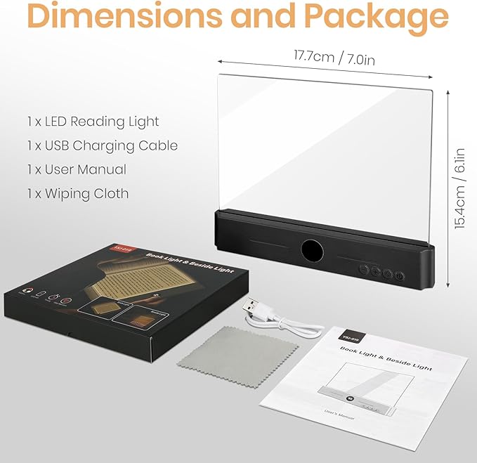 Flat Book Light, Rechargeable Clear LED Smart Reading Light with 3 Colors & Timer, Dimmable Full Page Panel Plate Lamp, Eye Protection, Portable Flat Reading Light for Bedside, Travel, Study (Black)
