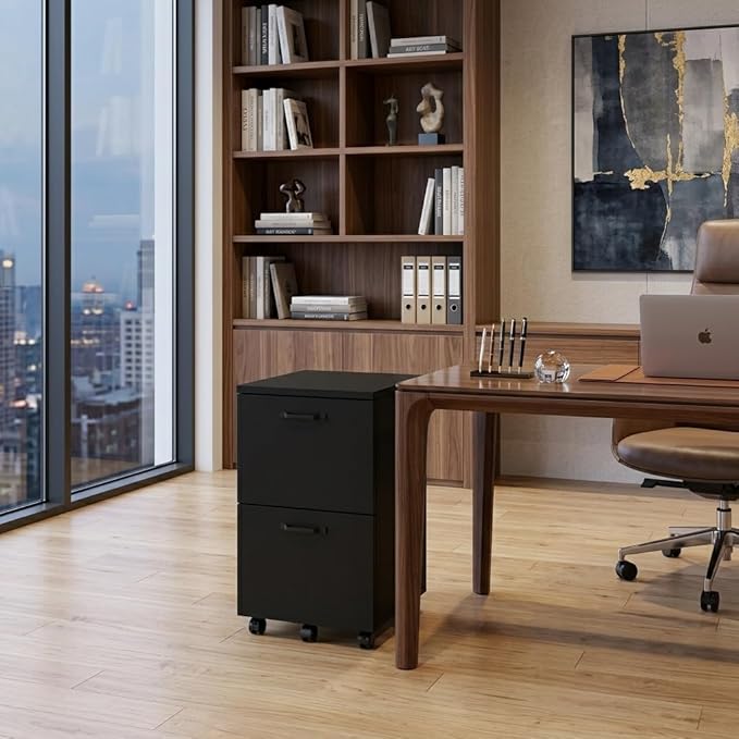 2 Drawer File Cabinet with Lockable Wheels, Rolling Filing Cabinet for Home Office, Wooden Mobile File Cabinet with Printer Stand, Under Desk Storage Organizer, Ink Black