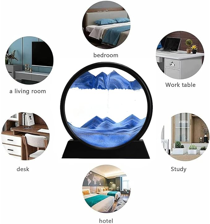 rysnwsu 3D Dynamic Sand Art Liquid Motion, Moving Sand Art Picture Round Glass 3D Deep Sea Sandscape in Motion Display Flowing Sand Painting Relaxing Desk Toys (Blue, 7'')