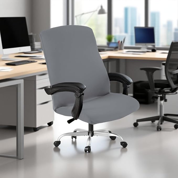 Office Chair Cover,Removable Desk Chair Cover with Zipper,Stretch Anti-dust Universal Rotating Office Seat Slipcover,Washable High Back Computer Seat Protector for Pets (Grey, Large)