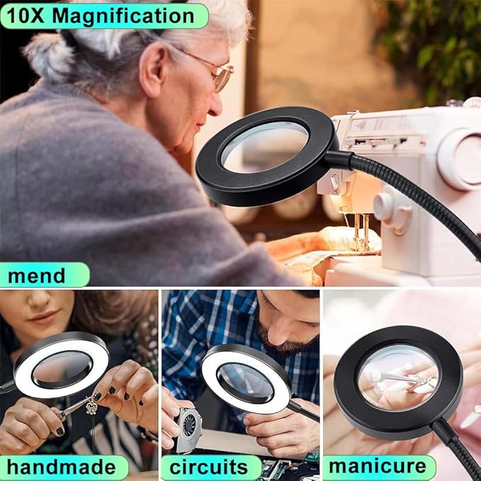 Consss Eye Protection Clip On Reading Light with Magnifying Glass,3 Color Modes & 10 Brightness Flexible Arm for Manual/Bedtime Reading/Middle-Aged and Elderly People's Threading Tool/Bedside Lamp