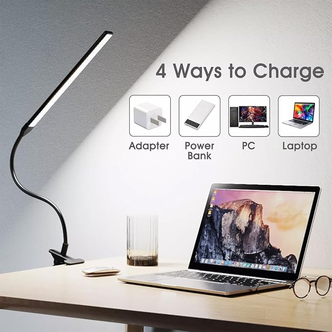 Clip on Light LED Desk Lamp LED Light and Metal Clip, 10 Level Brightness 3 Color Modes, Power by USB Port 10W Flexible Gooseneck Reading Light for Home and Office (Black)