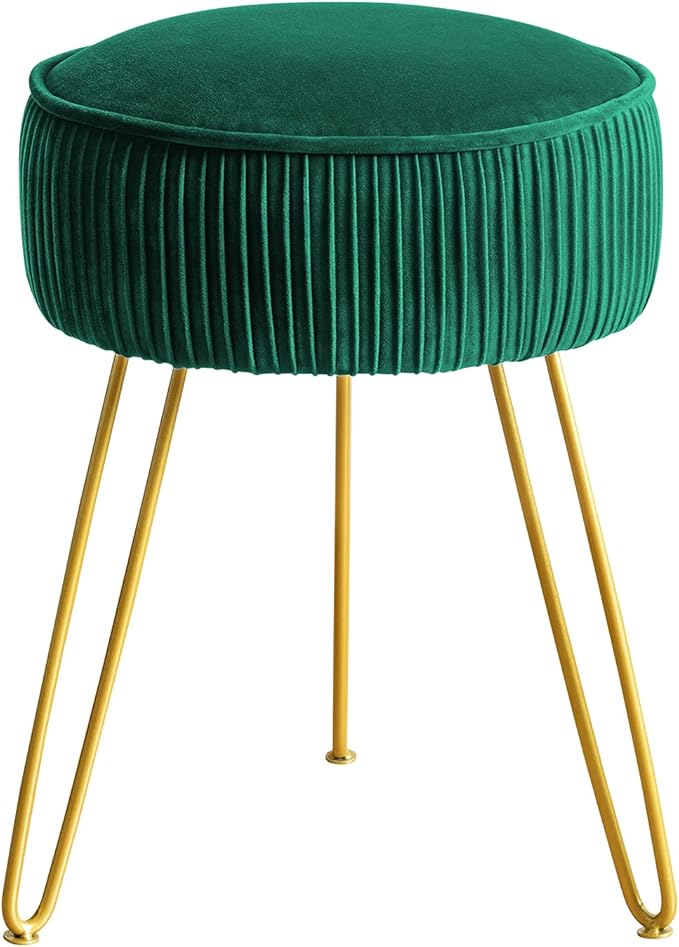 LUE BONA Pleated Vanity Stool, Velvet Upholstered for Makeup Room, Round Mondern Stool for Vanity, Ottoman Footrest with Metal Legs for Living Room, Bedroom, Emerald