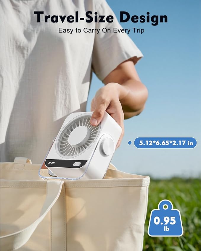 Rechargeable Desk Fan: Small Battery Operated Fan 5000mAh, 199 Speeds Digital Display, 120° Tilt Adjustable, 6.6" Quiet Table Top Fans for Bedroom Home Dorm Office Travel, Beige