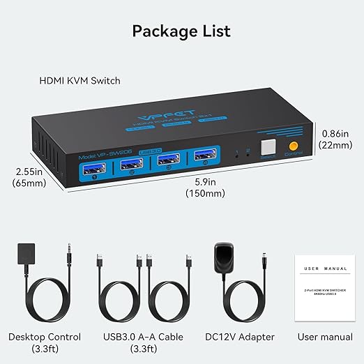 HDMI KVM Switch 1 Monitors 2 Computers 8K60Hz KVM Switches for 2 PC Share Single Monitor and 4 USB 3.0 Devices Such as Keyboard Mouse Printer with Desktop Controller and 2 USB Cables