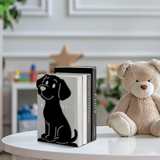 Peacoblue Metal Bookends for Shelves, Modern Decorative Heavy Duty Study Book Ends Stoppers for Office, Desk, Shelf, Room 5.3"x4.3"x7.9" Cast Iron Simple Tall Bookends 1 Pair (Cartoon Dog)