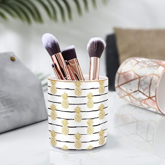 WAVEYU Cute Pencil Holder for Desk, Pineapple Pen Cup Holder, Pretty Office Desk Accessories for Girls Women, Ceramic Workspace Organizers, Makeup Brush Holder for Home, Yellow Pineapple