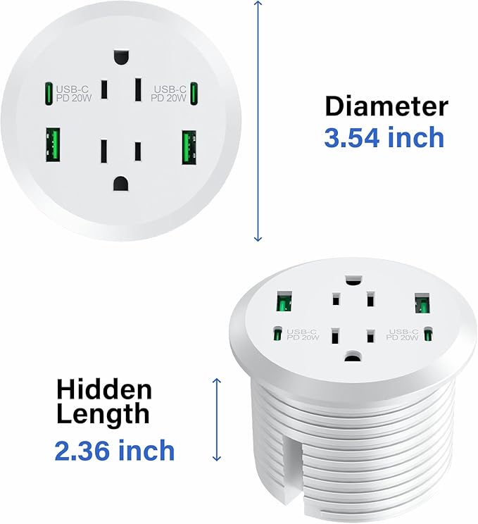 Desktop Power Grommet,GaN 65W USB C Fast Charging Station,2 AC Outlets,4 USB Ports in to the Top,Flush Mount Power Grommet 3'' Hole,Countertop Recessed Outlet White