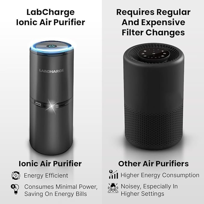 Lab Charge Small Ionic Air Purifier for Home & Bedroom – Silent HEPA Filter – Covers 250 Sq Ft - Free Cleaner – Compact & Black Design - Pack of 4