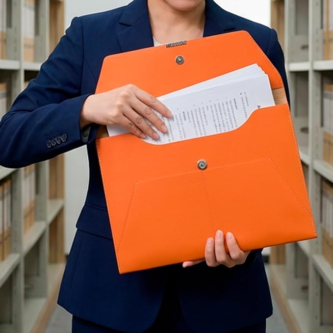 VANRA File Folder Document Holder Organizer Waterproof Portfolio Leather Folder Case with 3 Pockets, Filing Envelopes for A4 Letter Size Paper with Snap Magnetic Button Closure (Orange)