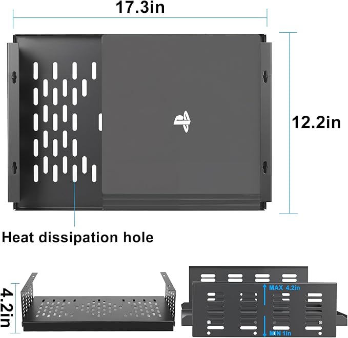 Adjustable Under Desk Mount for Small Form Factor SFF Computers and PCs, Product Using Space 17.3" x H 4.2" x D 12", Compatiblet with PlayStation 4(4 inch High)
