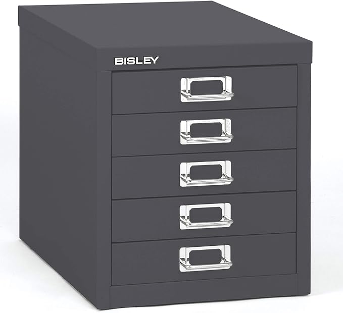 Bisley 5-Drawer Steel MultiDrawer Cabinet - Anthracite Grey, Chrome Pull Handles with Label Holders, Powder-Coated Steel, Removable Drawers, Desktop Storage, Labels Included