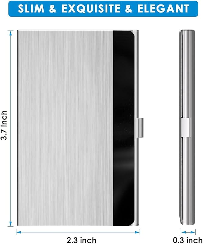 MaxGear Metal Business Card Holder for Men & Women, Stainless Steel Business Card Case Holds 10–20 Cards, Slim Pocket Name Cards Holder with Interior Lining & Buckle Closure, Silver Mirror