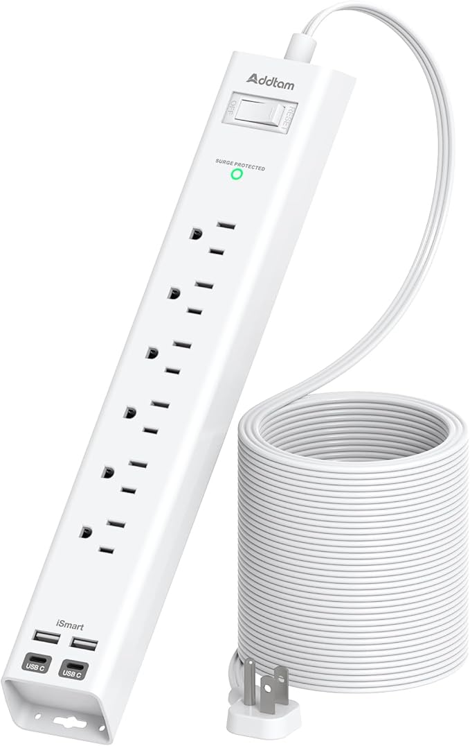 Addtam 5ft 5ft Power Strip Surge Protector, 6 Outlets and 4 USB Ports (2 USB C), Ultra Flat Plug Wall Mount, Multi Plug Outlet Extender Desktop Charging Station for Home Office Dorm Room Essentials