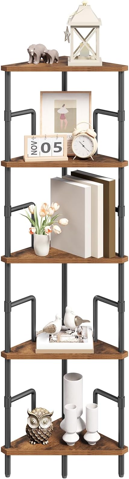 MAHANCRIS 52.8" Corner Shelf, 5-Tier Industrial Corner Bookshelf with Metal Frame, Small Plant Stand, Display Shelf for Living Room, Bedroom, Home Office, Small Spaces, Rustic Brown CSHR5501