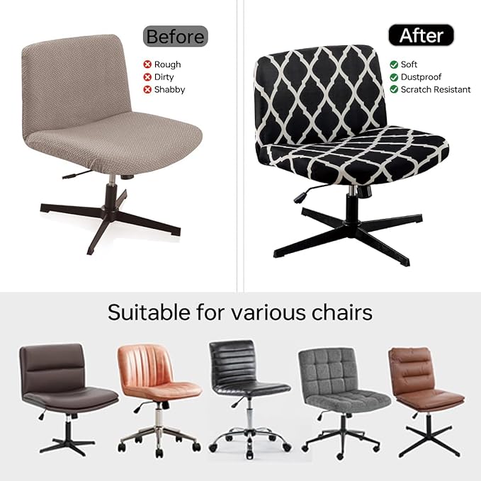 Armless Chair Slipcover Stretch Criss Cross Chair Cover, Mid Back Wide Seat Accent Chair Covers,Modern Vanity Chair Cover for Office Desk (Black Grid)