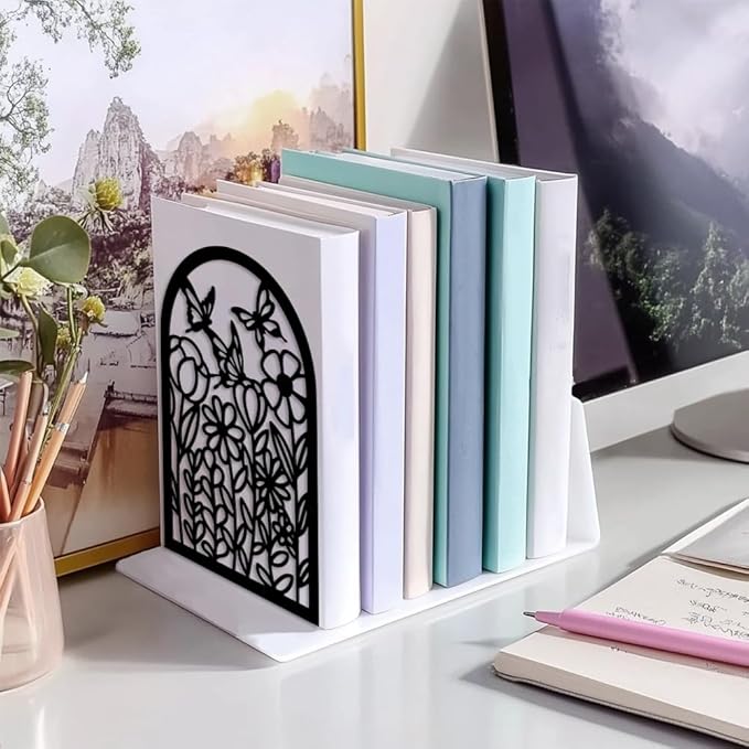 Peacoblue Metal Bookends for Shelves, Modern Decorative Heavy Duty Study Book Support Stoppers for Office, Desk, Shelf, Room 5.3"x4.3"x7.9" Cast Iron Bookends, 1 Pair (Wildflowers and Butterflies)