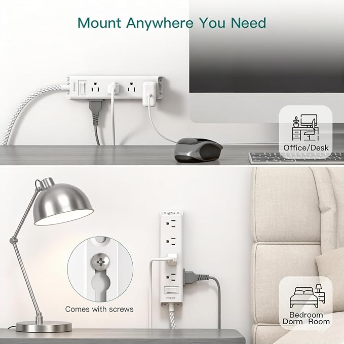 Addtam White Braided Power Strip Surge Protector with 12 Outlets, Flat Plug 10FT Extension Cord, 3-Side Wide Spaced Outlet Extender, Wall Mount Desk Charging Station for Home Office Garage