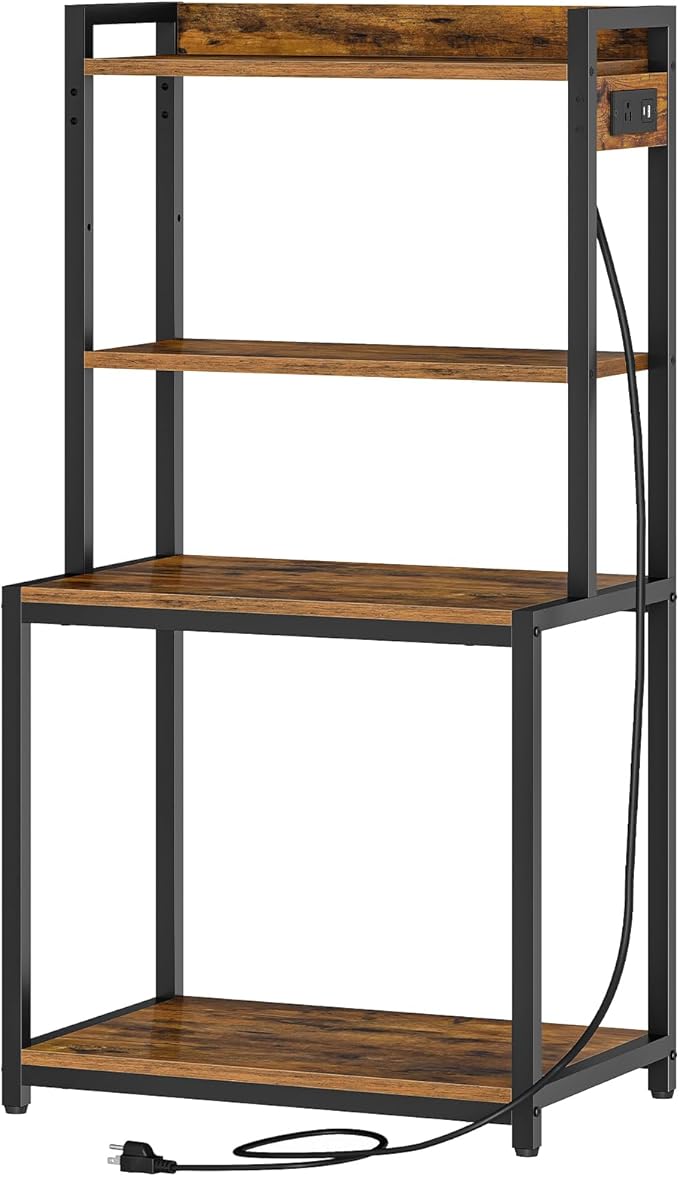 HOOBRO Printer Stand with Charging Station, 4-Tier Printer Table with Storage, Large Tall Printer Shelf, for Home Office, Kitchen, Living Room, Black and Rustic Brown BF13UPS01