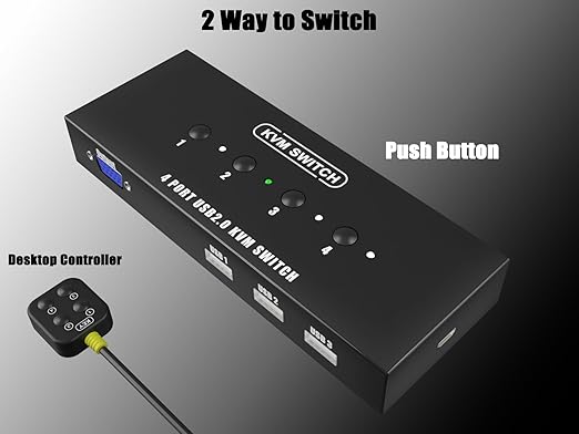 KVM Switch VGA 4 Port - KVM Switcher for 4 Computers Share 1 Monitor & 3 USB 2.0 Devices,Keyboard Mouse Printer,Driver-Free for All OS,4 KVM Cables 1 Desktop Controller Included