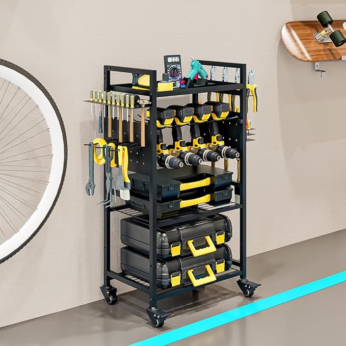 INGIORDAR Large Power Tool Organizer Cart, Garage Floor Standing Rolling Drill and Tools Battery Storage Cart on Wheels, Heavy Duty Utility Rack Shelf,Utility Rack Gift for Men, Husband, Father.