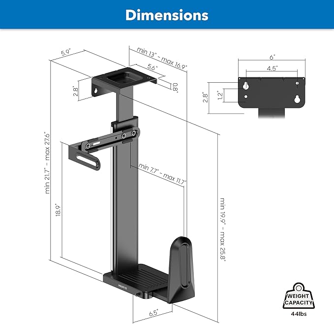 Mount-It! CPU Under Desk Mount Bracket, Height Adjustable Heavy Duty Computer Tower Wall Mount, 44 lbs Weight Capacity, Adjustable Width Computer Case Holder Installation Under Desk or On Wall, Black
