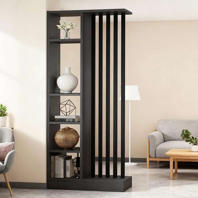 Room Divider with Shelves, Entrance Hall Partition Screen Column Floor to Ceiling - Freestanding Room Divider with Storage Shelf, Freestanding Decor for Bedroom (A Gray + Black, 31.5in / 80cm)