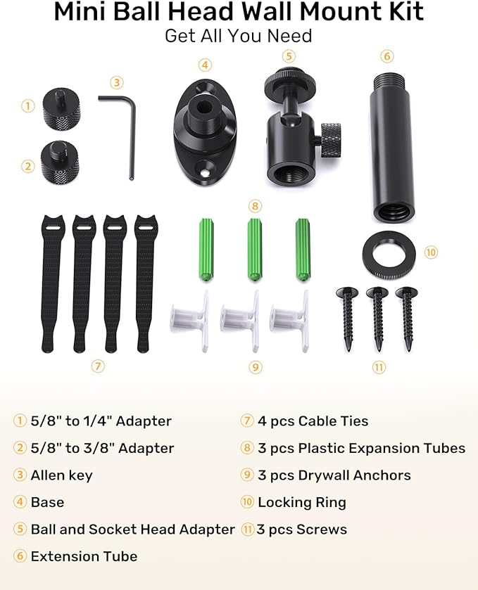 Microphone Wall Mount Bracket with Swivel Mini Ball Head, Mic Wall Mount Flange Base, 5/8" to 3/8" & 1/4" Mic Stand Adapter, Extension Tube Kit - Compatible with Camera, Microphones, Lights, Webcam