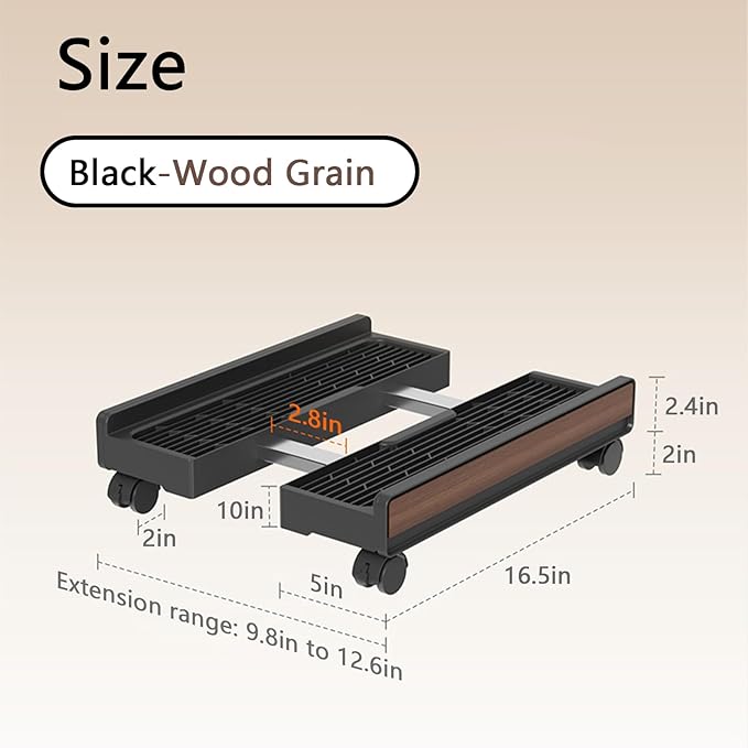 Heavy-Duty Adjustable Mobile CPU Stand with Locking Wheels,PC Tower Floor Cart,Ventilated Rolling Computer Holder Fits Most Gaming&Office Towers, Under Desk PC Riser with Caster Wheels (Wood Grain)