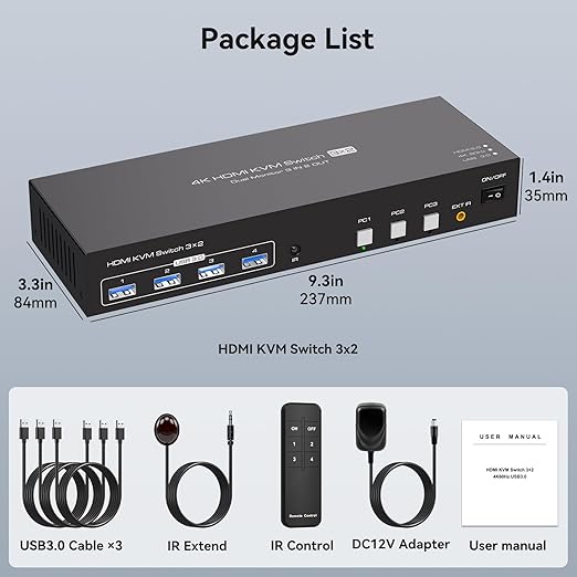HDMI KVM Switch 2 Monitors 3 Computers Support 4K@60Hz USB 3.0 KVM Switches Share Dual Monitors and 4 USB 3.0 Ports Support Extended/Copy Mode with DC 12V Adapter&Wired Controller