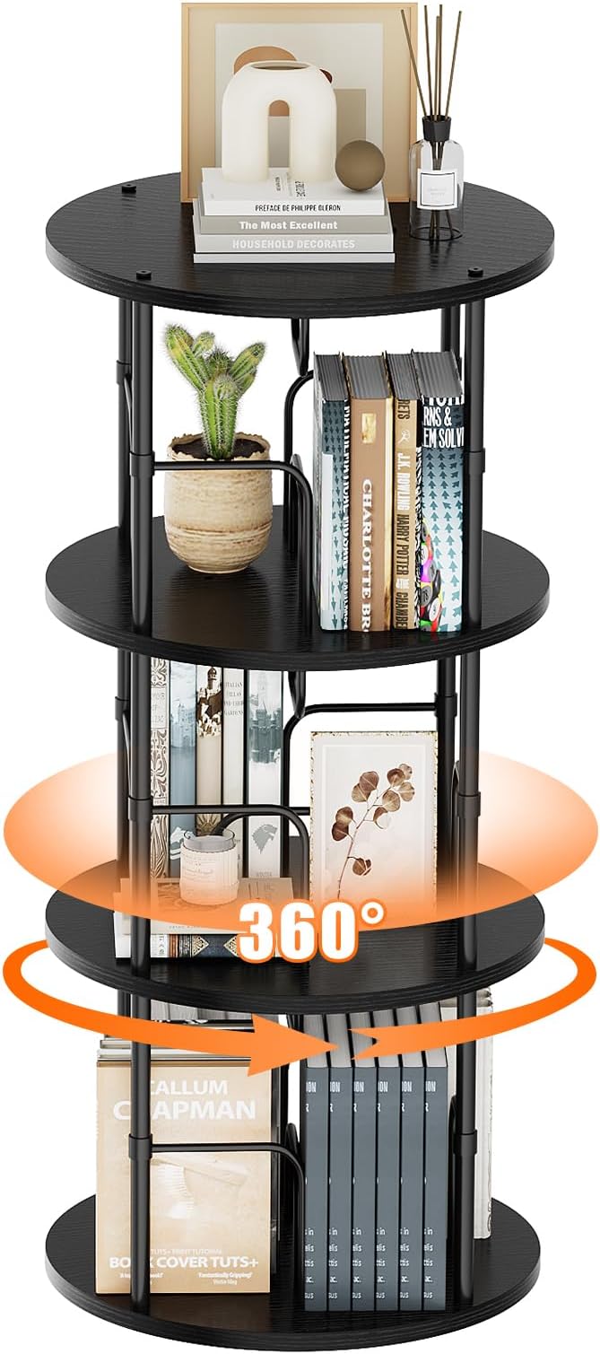 ALLSTAND Rotating Bookshelf, 3 Tier Round Revolving Bookcase with Special Visible Partition Storage, 360° Display Spinning Small Bookshelf Tower Book Shelf Organizer for Bedroom, Small Space, Black