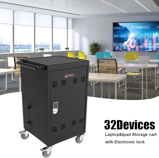 32 Device Charging Cart with Combination Lock, Laptop and Tablet Mobile Charging Cabinet for Up to 16.3" Devices with Cord Management, Desktop Charging and Storage Locker for Classroom or Office.Black
