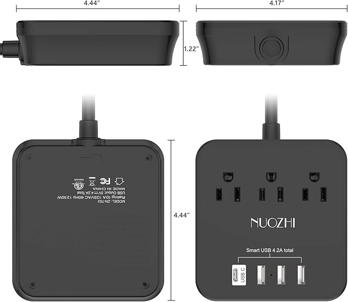 Cruise Essentials,6 Ft Power Strip with 3 Outlets and 4 USB Ports(1 USB C), Non Surge Protector for Cruise Ship, Travel, Home Office, ETL Listed, Black