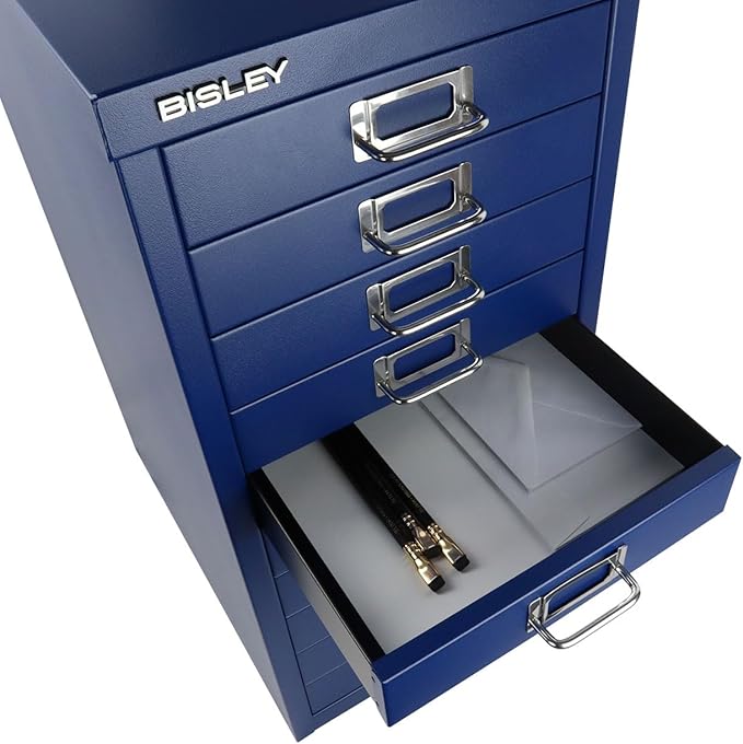 Bisley 10-Drawer Steel MultiDrawer Cabinet - Oxford Blue, Chrome Pull Handles with Label Holders, Powder-Coated Steel, Removable Drawers, Fits Under Most Desks, Labels Included