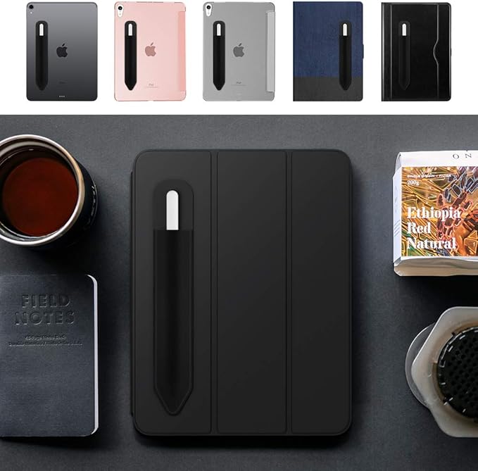 MoKo Pencil Holder Sticker Fit Apple Pencil Pro, iPencil USB-C, Apple Pencil 1st/2nd Generation, Elastic Pencil Pocket Pouch Adhesive Sleeve Attached to iPad Case for Stylus Pens, Black+Bouquet Pink