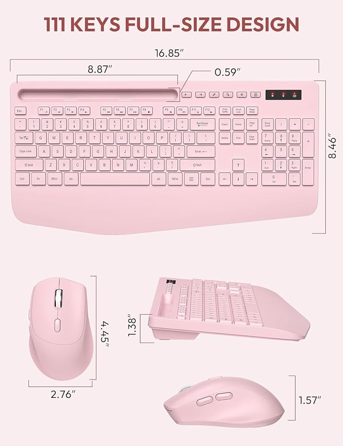 Wireless Keyboard and Mouse, Wrist Rest, Phone Holder, Batteries Included, 2.4G Lag-Free Ergonomic Keyboards Mouse Combo, KM23D Silent Keyboards Set for Computer, Laptop, PC, Windows, Pink -SABLUTE