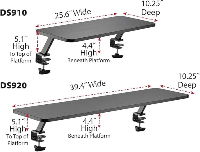 Kantek Ergonomic Mounted Computer Monitor Riser Stand, Floating Desk Shelf, Clamp On Base, 25.6" X 10.2" X 5.1", Black