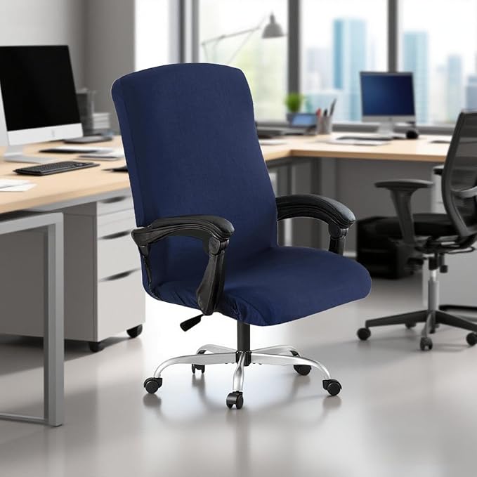 Office Chair Cover,Removable Desk Chair Cover with Zipper,Stretch Anti-dust Universal Rotating Office Seat Slipcover,Washable High Back Computer Seat Protector for Pets (Navy, Large)