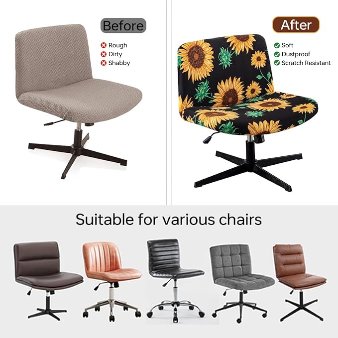 Armless Chair Slipcover Stretch Criss Cross Chair Cover, Mid Back Wide Seat Accent Chair Covers,Modern Vanity Chair Cover for Office Desk (Sunflower)