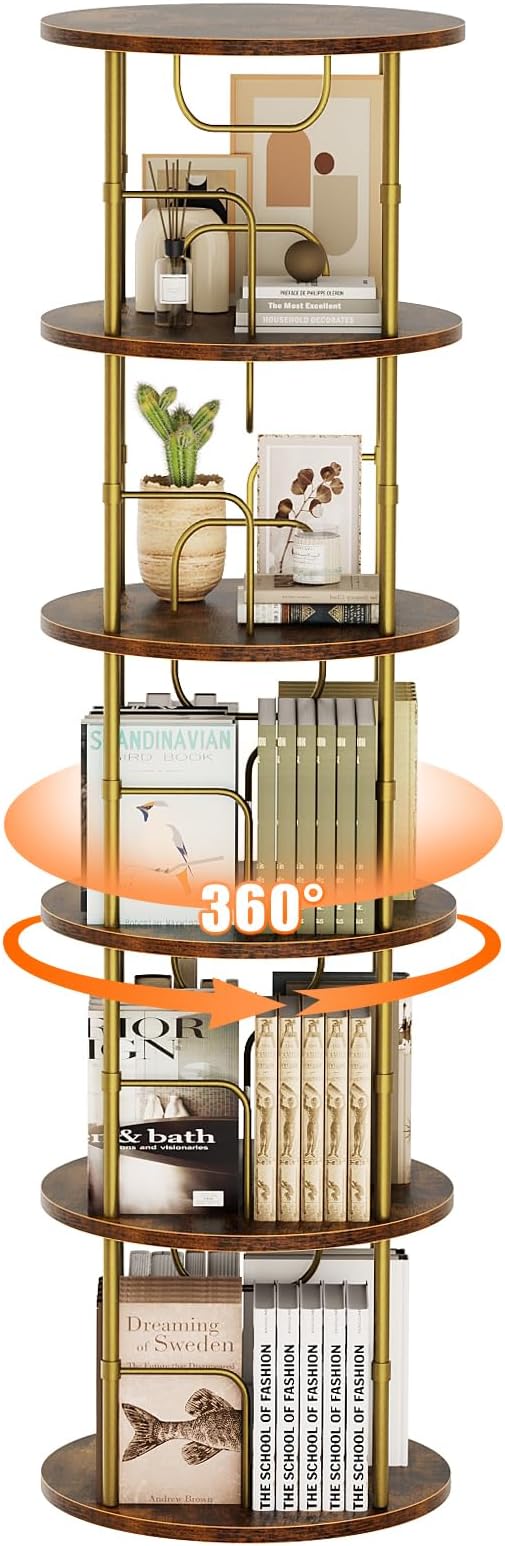 ALLSTAND 5 Tier Rotating Bookshelf, 360 ° Display Stackable Spinning Bookshelf Tower, Narrow Space Saving Tall Floor Standing Swivel Bookcase Corner Storage Organizer for Bedroom, Living Room, Gold