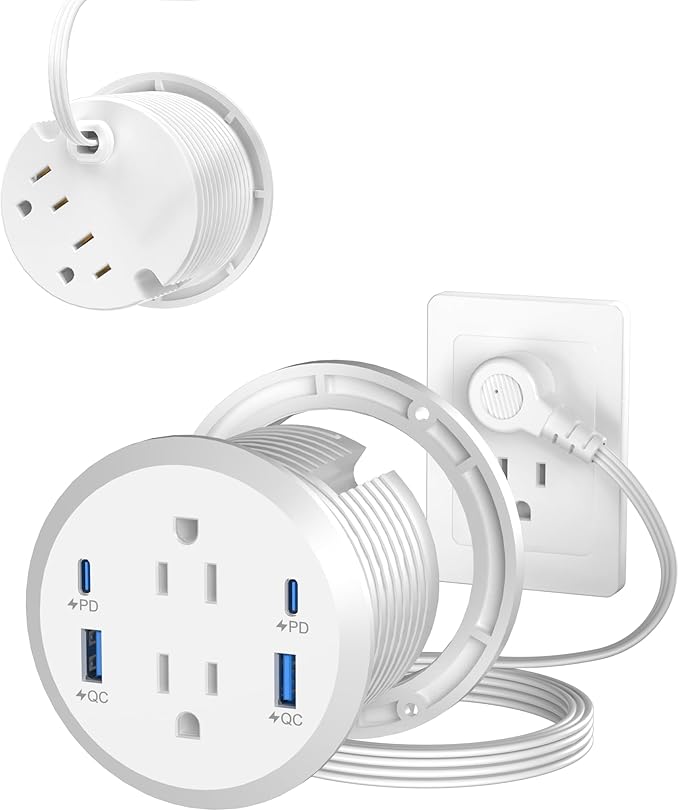 Jgstkcity Power Strip,Flush Mount Recessed Power Grommet,65W USB C Fast Charging,3-Inch Hole, 4 Outlets & 4 Ports, Ideal for Desktop & Countertop Outlet,Dual-Sided (White, 10FT)
