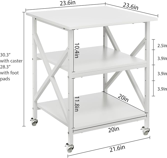 3 Tier Printer Stand, Large Table with Wheels, Rolling Cart with Height Adjustable Middle Storage Shelf, 23.6 x 23.6 x 30.3 Inches Shelf for Home Office, White