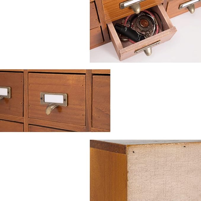 9 Drawers Library Card Catalog Cabinet with Labels Apothecary Cabinet Tabletop Apothecary Chests and Cabinets Herb Storage Box Wooden Desk Drawer Organizer Medicine Vintage Furniture(Brown)