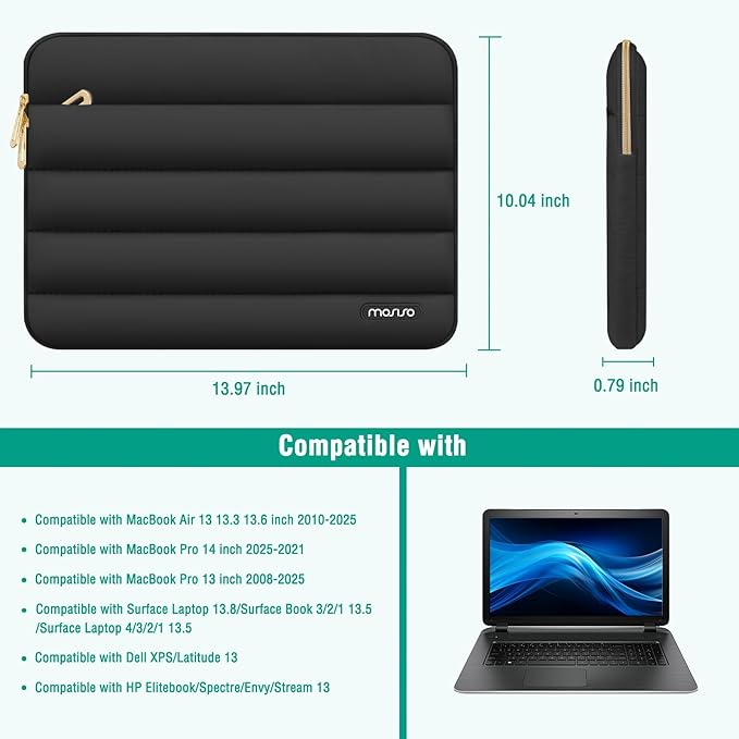 MOSISO Laptop Case 13.3 inch,13-13.3 inch Puffy Laptop Sleeve Compatible with MacBook Air 13.6 M5 M4 M3 M2 M1/Neo/Pro 13/14,HP Dell ASUS Lenovo,Polyester Horizontal Bag with Small Case, Black
