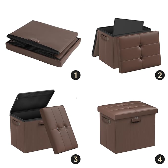 DocSafe Storage Ottoman Foot Rest Stool with Lock & Handle, Fireproof Folding Leather Footstool Bench with Storage Safe for Living Room Bedroom, Home Office, Dorm, 17x13x13in, Brown
